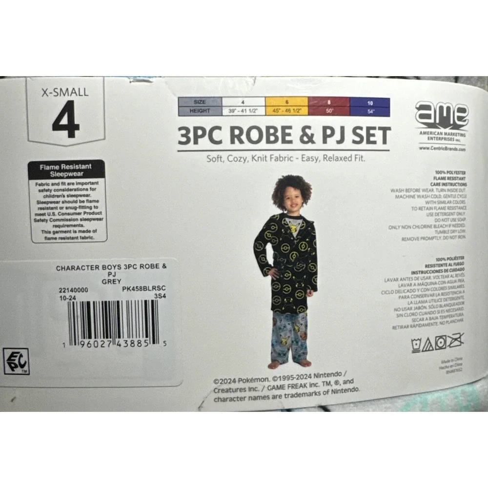 Pokemon | Boys 3-Piece Super‎ Soft Hooded Robe & Pajama Set | Size 4 X-Smal
